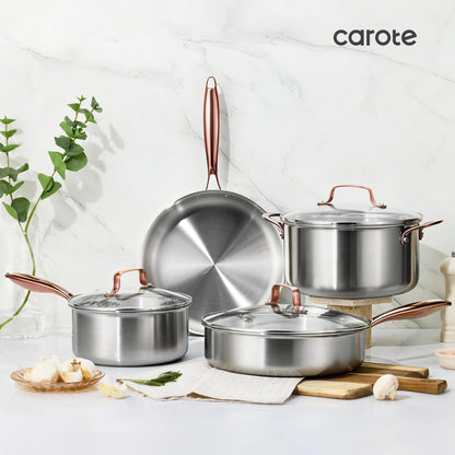 CAROTE 3-Piece Tri-Ply Stainless Steel Frying Pan Set, Skillet Set 8"/10"/12", Induction Compatible, Oven & Dishwasher Safe, Gold Handle