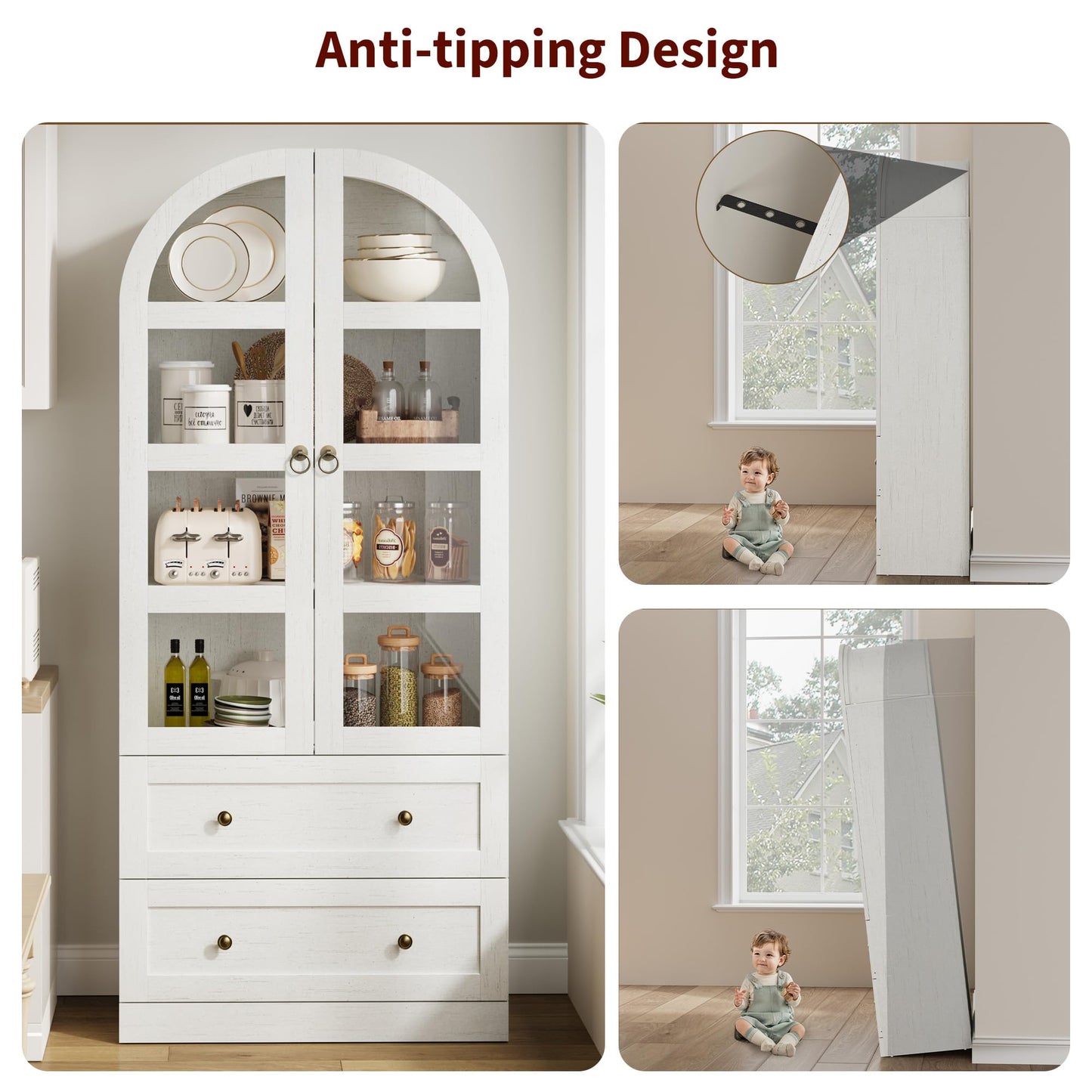 Garvee 72" Tall Dome Bookcase with Drawers, 4-Tier Wooden Bookshelf Cabinet with Glass Door, Farmhouse Arched Cabinet with Display Shelves, Wood Bookcase for Home Office, Living Room, Rustic White