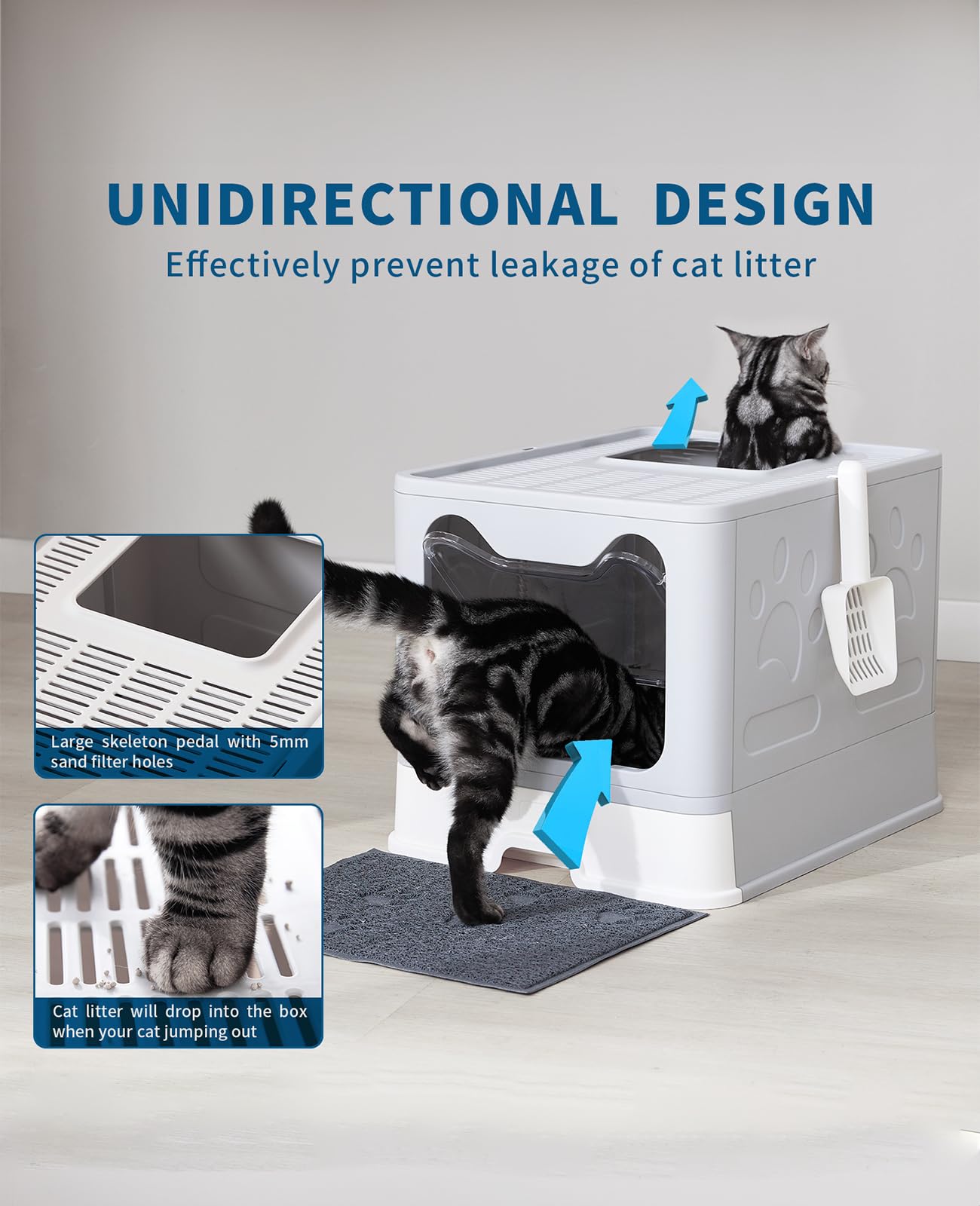 Medario Cat Litter Box with Litter Mat and Scoop, Large Foldable Litter Box with Lid, Front Entry Top Exit Kitty Box, Odor Control, Easy to Clean (Grey)