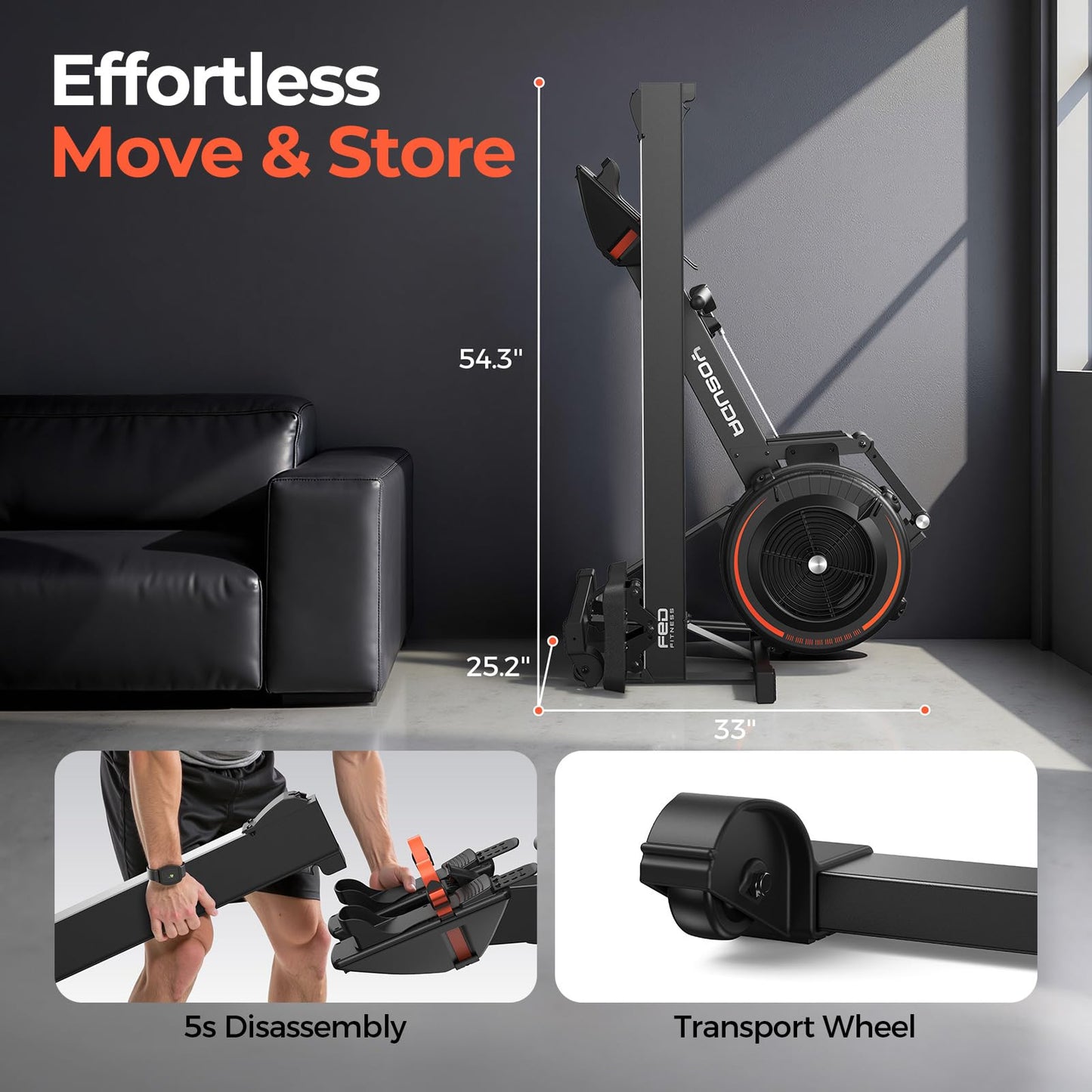 YOSUDA R2 Rowing Machine for Home, Professional Adjustable Air Resistance Rower Machines with Self-Powered Monitor, 53.7'' Row Rail, Ergonomic Comfort Seat, Easy Storage