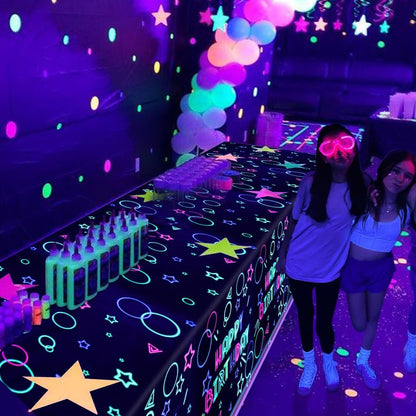 XJLANTTE 4 Pack Glow Party Tablecloth Supplies - Neon Plastic Birthday Table Cover, Black Light Fluorescence Rectangle Table Cloth 51"x86.6" for Glow in The Dark Birthday Party Decorations