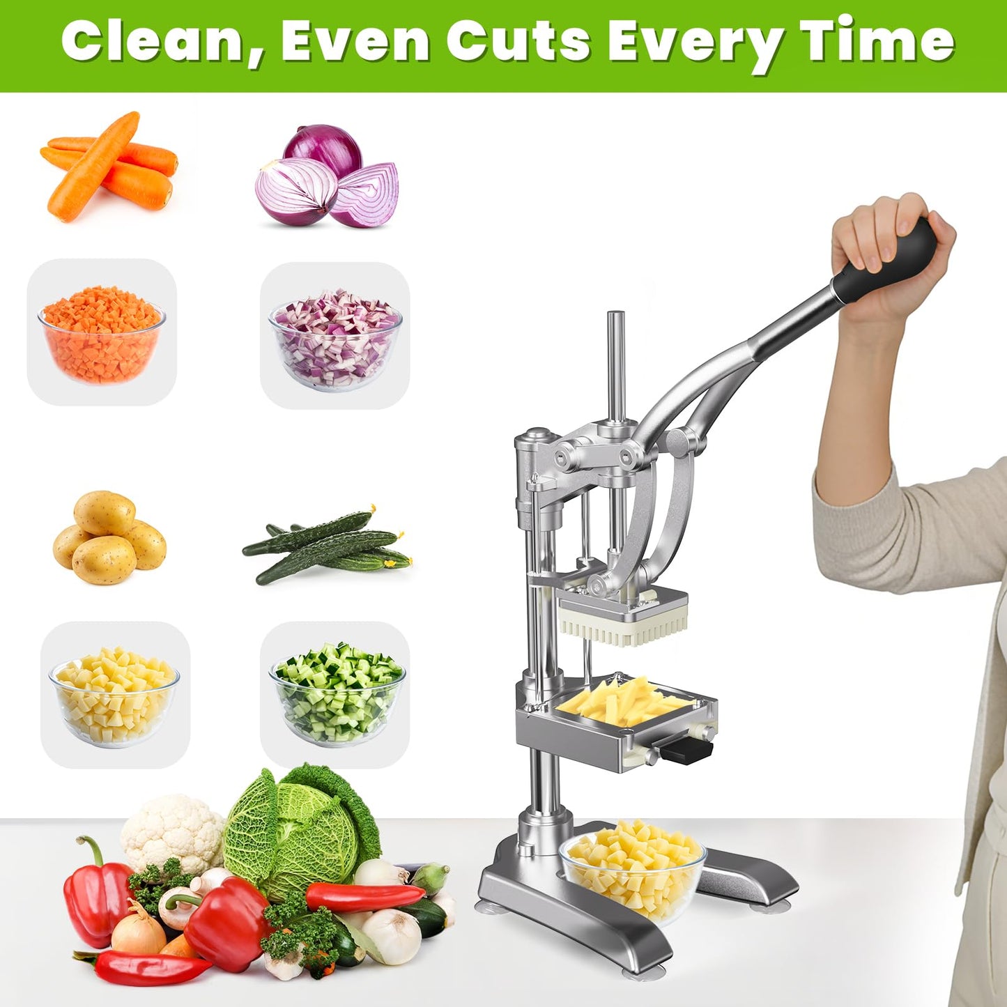 2-in-1 Commercial Juicer and Chopper - Heavy Duty Cast Iron Hand Press Manual Squeezer for Lemon, Citrus, Orange, Professional Vegetable Slicer French Fry Cutter Food Dicer