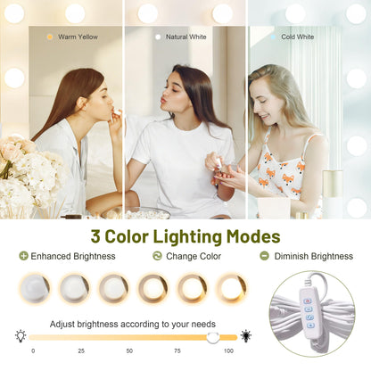 Merax White Makeup Vanity Desk with Large Mirror and 7-Tier Storage Shelves, Modern Dressing Table& 12 Hollywood Bulbs, Power Outlet and 11 Drawers, 3 Color Lighting Modes