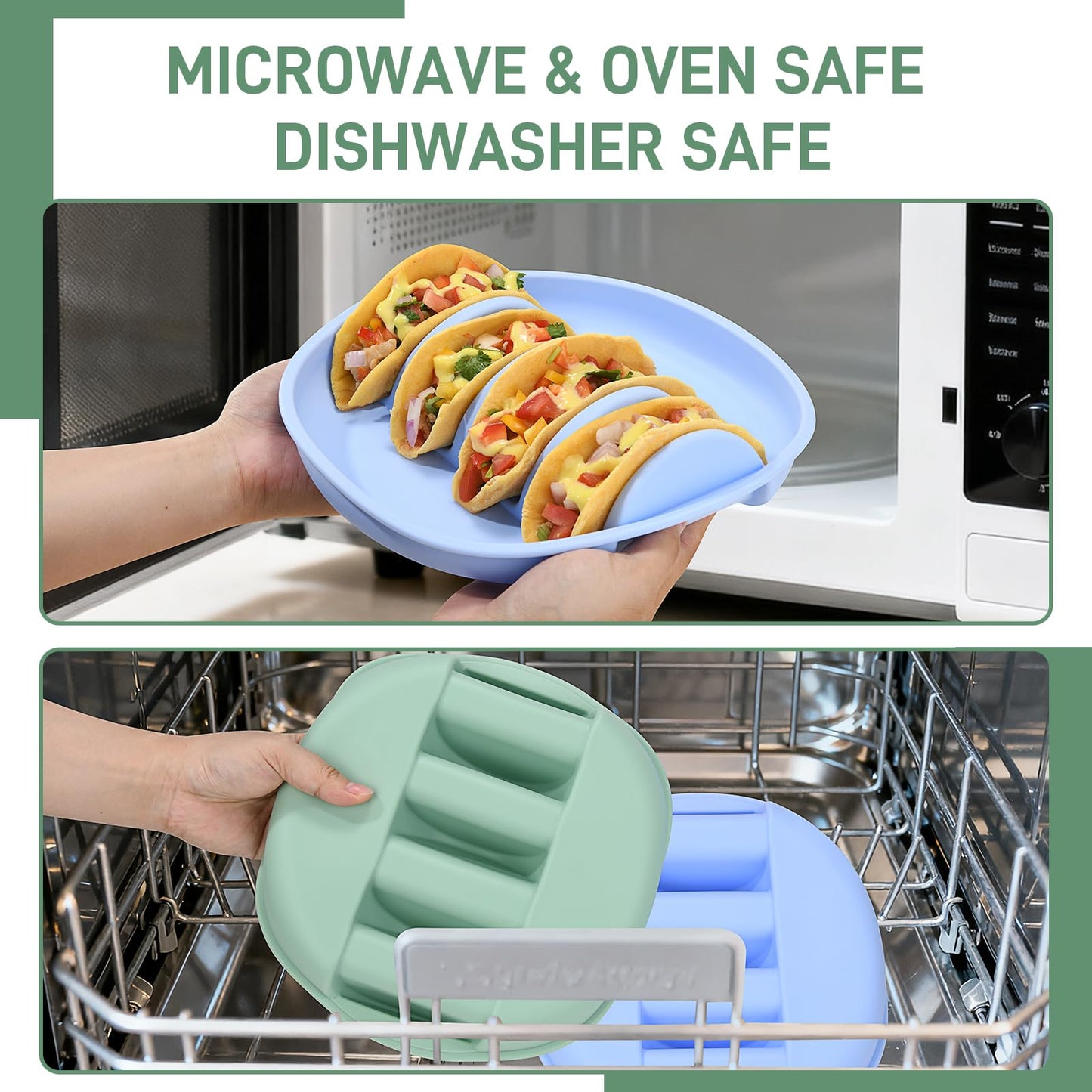 Silicone Taco Plates Holder Set of 2, Reusable Taco Holder Plates with Dividers, Taco Holders for Soft and Hard Tacos, Non-Slip Taco Holder Stands Taco Serving Tray, Dishwasher & Microwave Safe