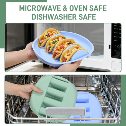 Silicone Taco Plates Holder Set of 2, Reusable Taco Holder Plates with Dividers, Taco Holders for Soft and Hard Tacos, Non-Slip Taco Holder Stands Taco Serving Tray, Dishwasher & Microwave Safe