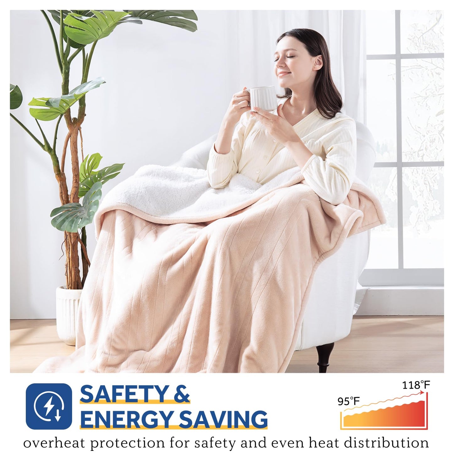 Sealy Electric Blanket with Foot Pocket for Adults, Flannel & Sherpa Heated Blanket Throw with 6 Heating Levels & 2-10 Hours Auto Shut Off, Fast Heating & Machine Washable, 50x62 Inch, Dark Grey