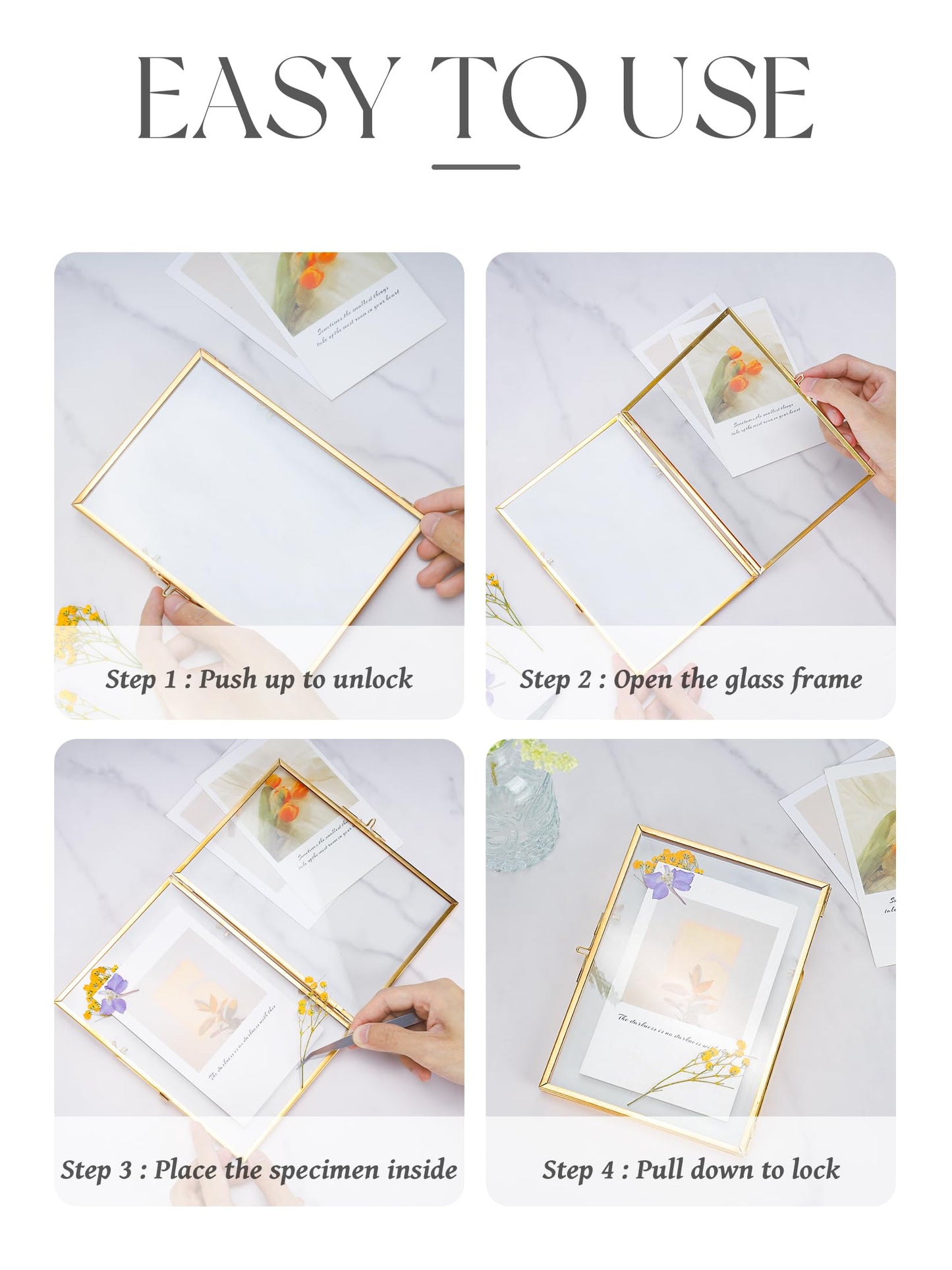 REDHUGO Glass Frame for Pressed Flowers Handmade, Double Glass Floating Picture Frame Set, Brass Photo Frame, Standing Frame Set, Small Picture Frame, Gifts for Family, 4×4", 4×6", 5×7", Gold