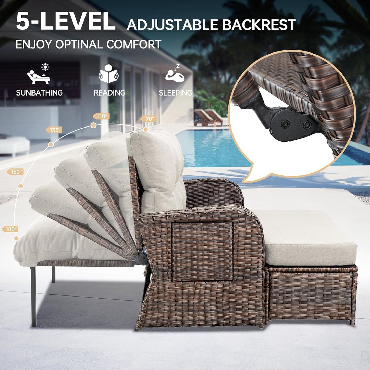 Bellefurn Outdoor Daybed, Patio Daybed Wicker Recliner for Two with Multifunctional Recliner and Stowable Side Tray, 5 Level Adjustable Backrest (Beige)