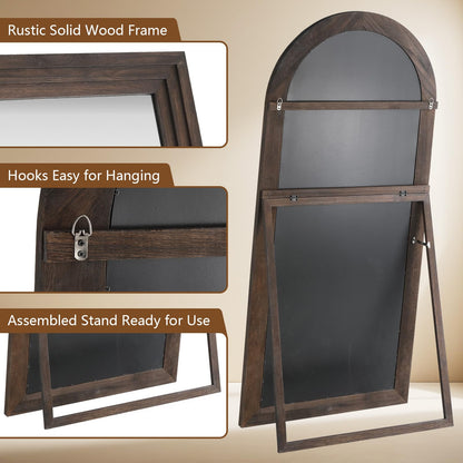 MELOMOIR Arched Full Length Mirror with Solid Wood Frame, 71"x32" Rustic Farmhouse Large Floor Mirror with Stand, Free Standing Leaning Hanging, for Bedroom Living Room Dressing Room Entryway, Brown