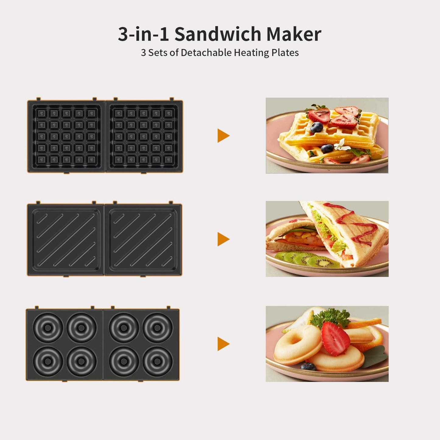 LIVEN Mini Waffle Maker with 3 Shapes Removable Plates, Electric Non-Stick Breakfast Machine, Pink