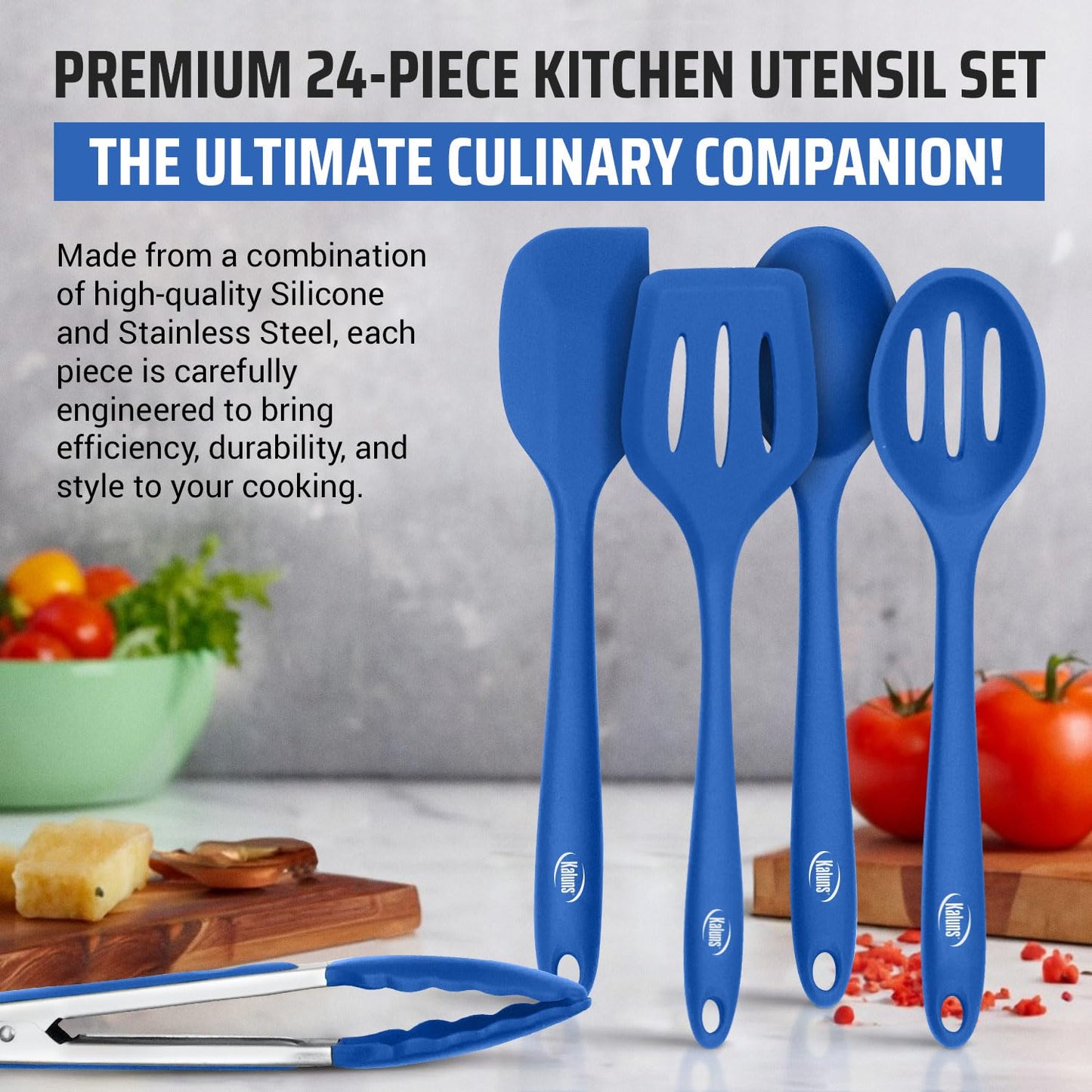 Kaluns Silicone Kitchen Utensils Set 24 Pcs Cooking Utensils Set - Can Opener, Masher, Turner, Spatula 446°F Heat Resistant Non-Stick - Premium Silicone and Stainless Steel Utensil Set