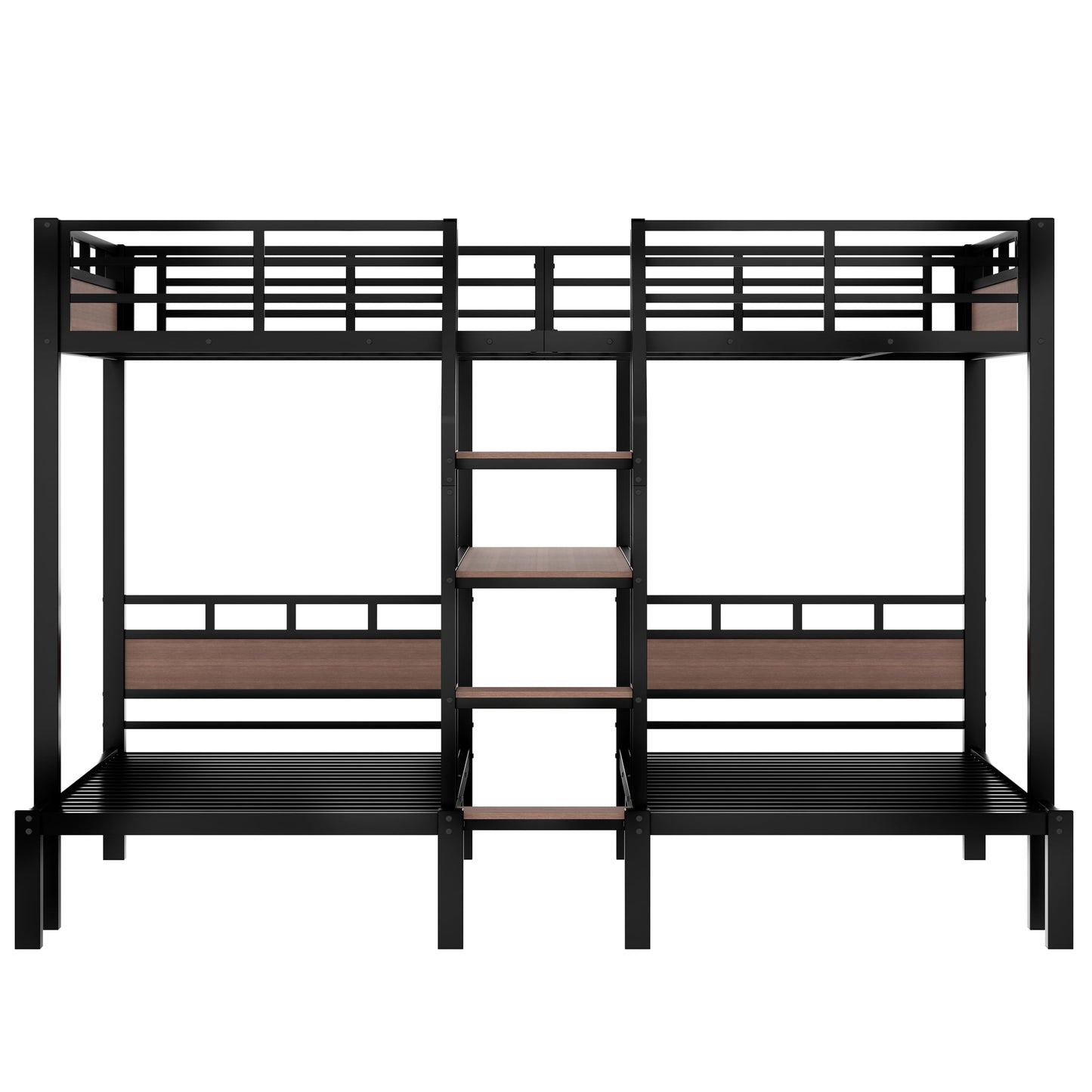Bellemave Queen Over Twin & Twin Bunk Bed with Shelves, Metal Triple Bunk Beds with Safety Guardrails and Underbed Storage, Heavy-Duty 3 Bunk Beds for Kids, Teens, Adults, No Box Spring Needed, Black