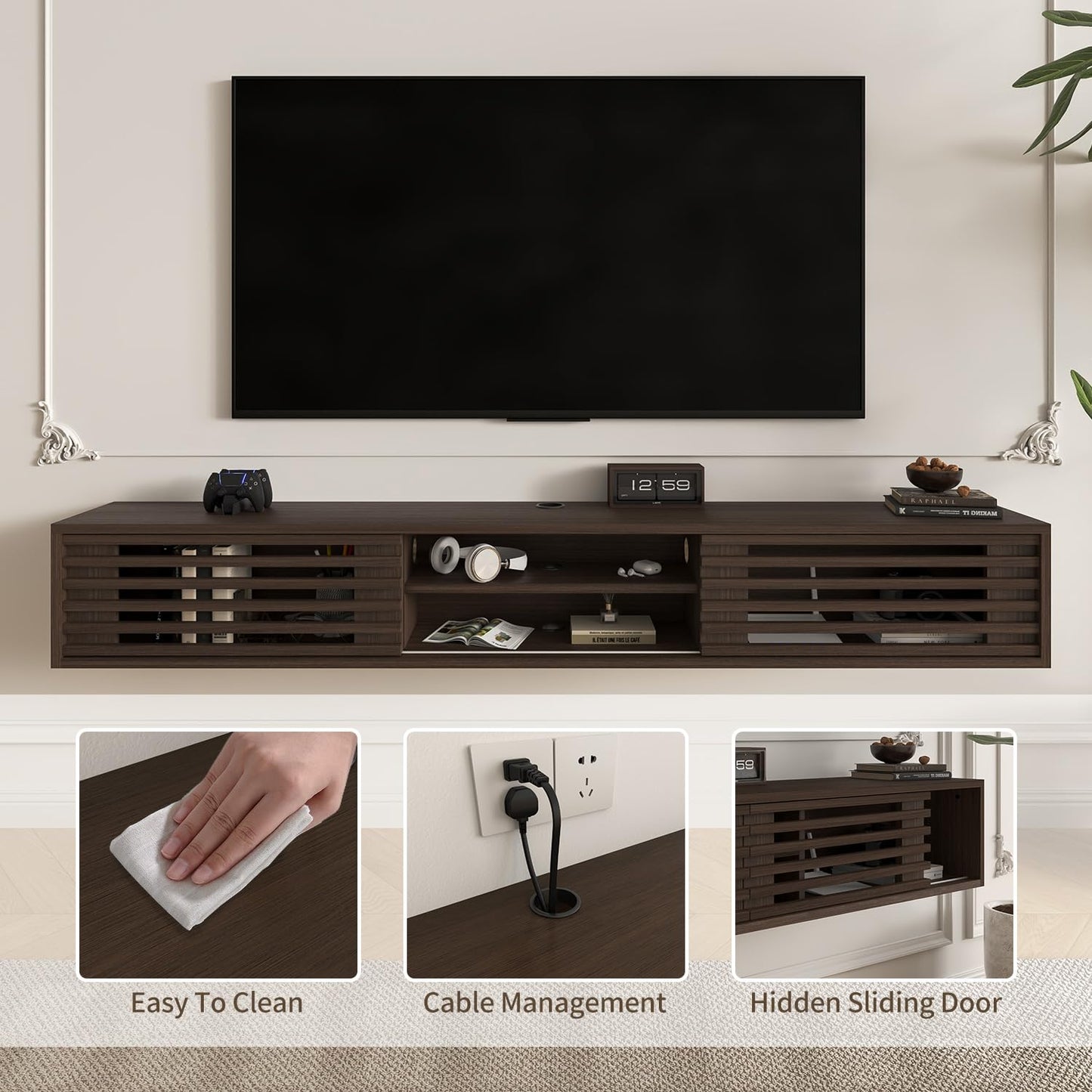 Furniloft 78" Floating TV Stand with Slatted Sliding Doors, Mid-Century Modern Wall Mounted Entertainment Center, Walnut Media Floating tv Console for 85 TV, Space-Saving Cable Management