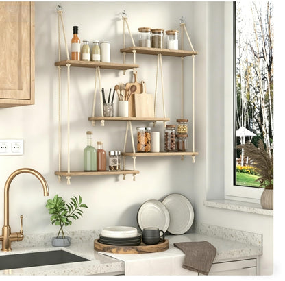 Hanging Shelves for Wall with Vine Lights 5 Tier Boho Wall Shelf Macrame Floating Shelves Rope Rustic Wood Organizer Storage Hanger Rack Decor Aesthetic for Succulents Bedroom Kitchen Bathroom Home