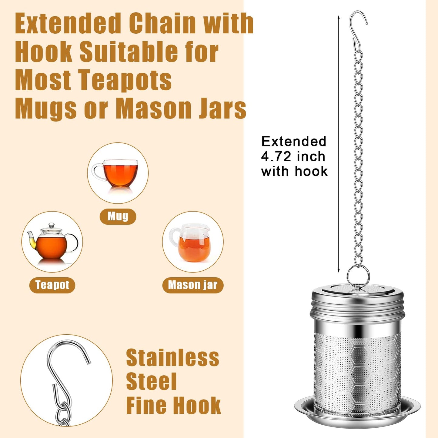 Umigy 4 Pcs Tea Infuser Strainers for Loose Tea with Scoop, Extra Fine Mesh Steeper 304 Stainless Steel Diffuser Leaf Holder with Extended Chain Hook for Brew, Spices, Seasoning, Silver