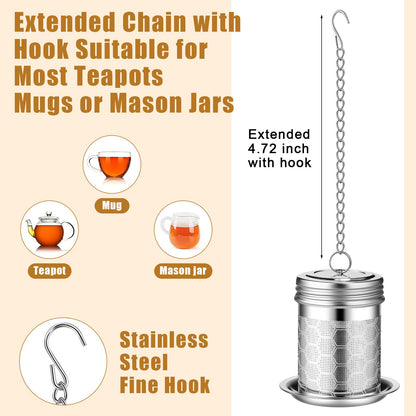 Umigy 4 Pcs Tea Infuser Strainers for Loose Tea with Scoop, Extra Fine Mesh Steeper 304 Stainless Steel Diffuser Leaf Holder with Extended Chain Hook for Brew, Spices, Seasoning, Silver