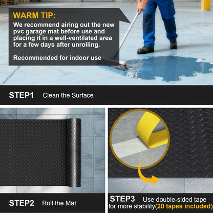 Grandroad auto 10x20 FT Garage Floor Mat, 2.8mm Thickened Flooring Roll for Under Car Diamond Plate PVC Rubber Mat with 20 Pcs Tapes, Non-Slip Floor Mat for Garage, Warehouse, Gyms, Trailer, Black