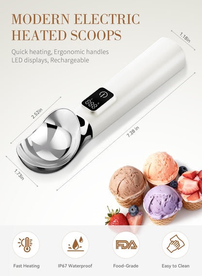 Heated Ice Cream Scoop Rechargeable, 5000mAh Battery Electric Ice Cream Scoop for Hard Icecream and More with LED Display, Self-Warming Heats To 158℉, IP67 Waterproof, Ideal Kitchen Gifts (White)