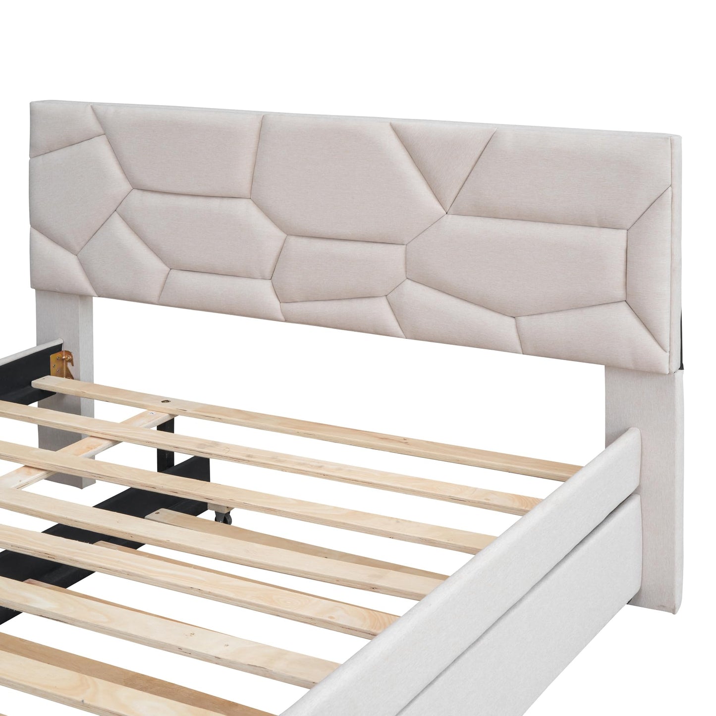 Brisca Full Size Linen Upholstered Platform Bed with Brick Pattern Headboard and Twin Size Trundle,Bed Frame W/ 10 Wooden Slats & 4 Supporting Legs,for Bedroom,Apartment,Guest Room,Beige