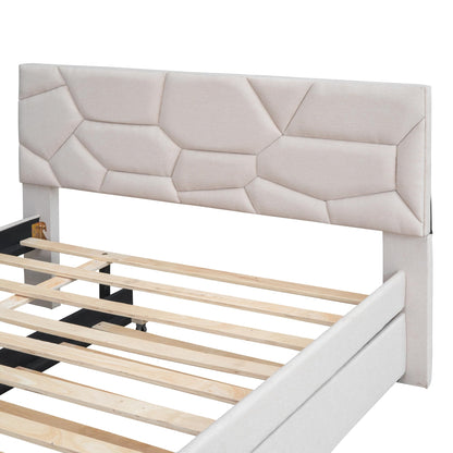 Brisca Full Size Linen Upholstered Platform Bed with Brick Pattern Headboard and Twin Size Trundle,Bed Frame W/ 10 Wooden Slats & 4 Supporting Legs,for Bedroom,Apartment,Guest Room,Beige