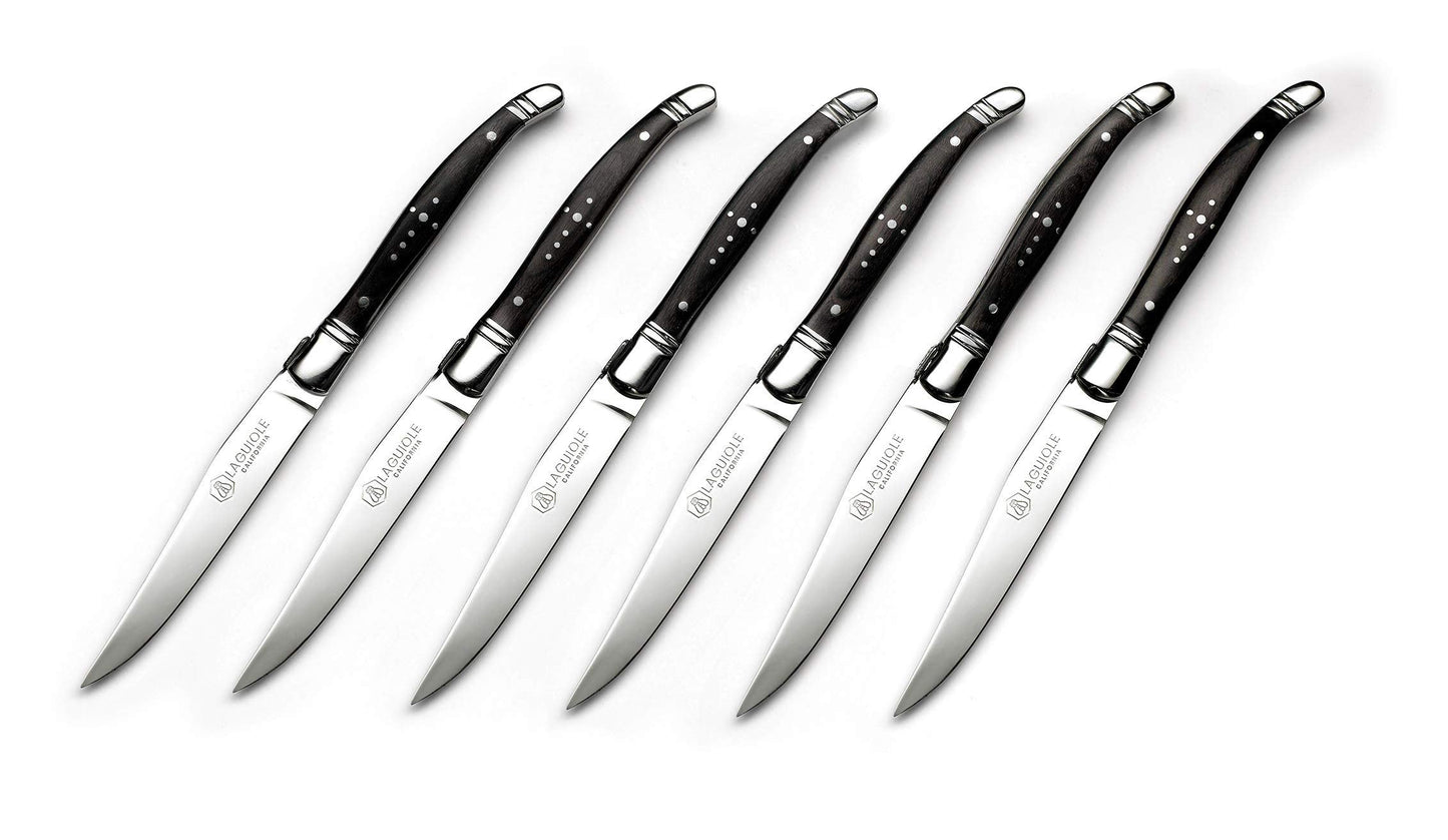 Laguiole California Steak Knives - 6 Piece Blackwood Set - Ergonomic Handles - Stored in a California Oakwood Gift Box - Extremely Sharp Straight Steel Blades are Thick Gauge, Full Tang