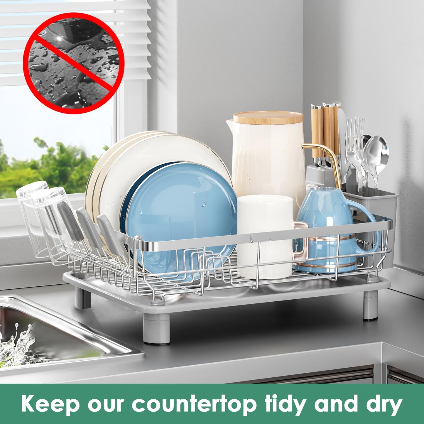 MOUKABAL Dish Drying Rack, Dish Rack, Stainless Steel Dish Racks for Kitchen Counter, Dish Drainer with Removable Utensil Holder, Drainboard (Grey,Stainless Steel,13''W x 17''L)