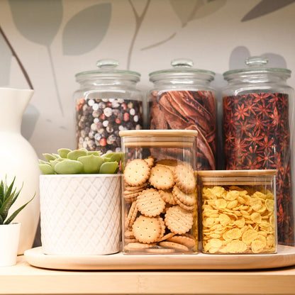 SHOWIN Glass Food Storage Jars Square 37oz, 4 Pack Glass Jars With Bamboo Lids, Kitchen Storage Containers For Spice, Candy, Cookie, Storage For Pantry Organizers