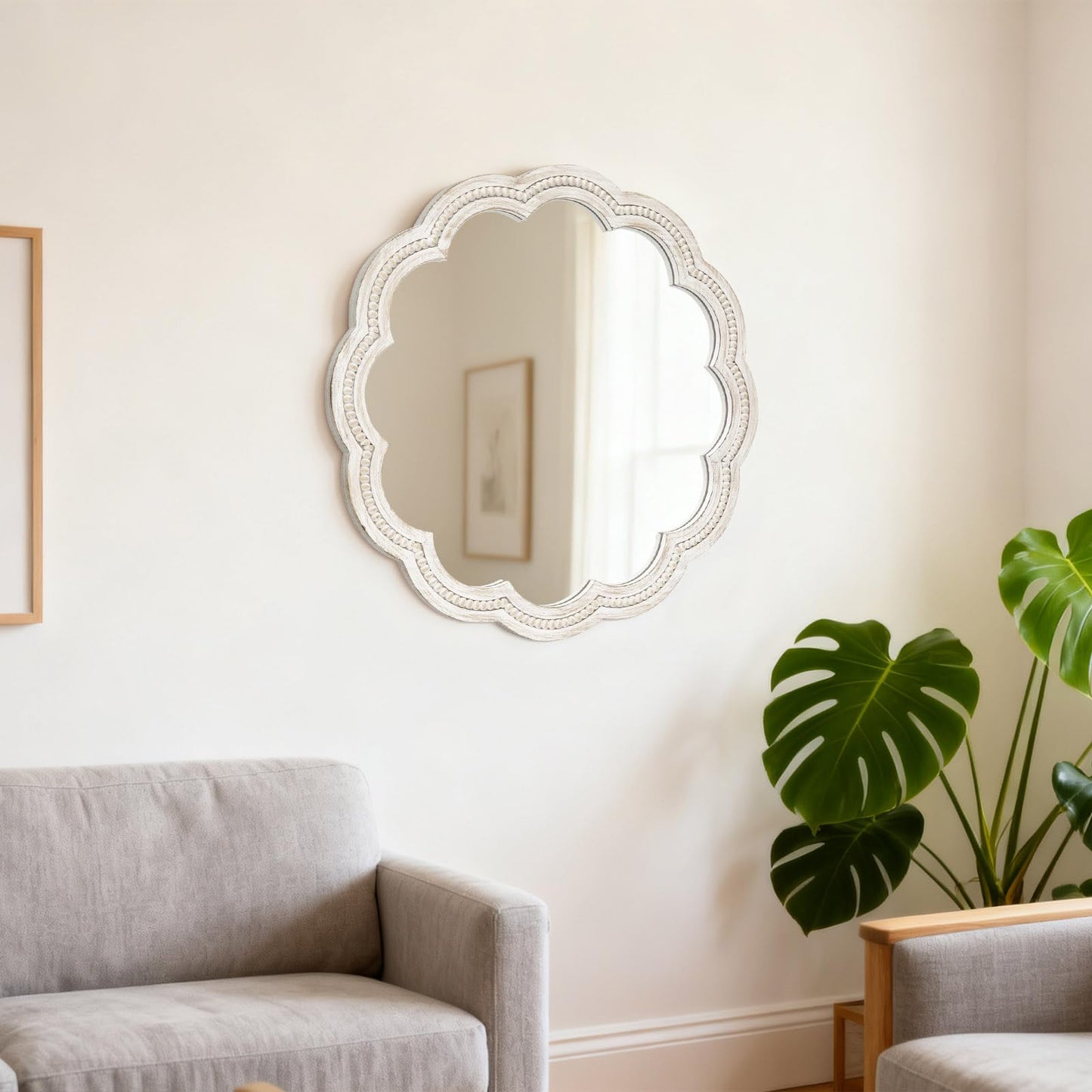 UPPER DECOR 30 Inch Round Wall Mirror, Whitewashed Wooden Frame with Scalloped Edge & Beaded Trim, Decorative Farmhouse Boho Mirror for Bedroom, Bathroom, Living Room, Entryway