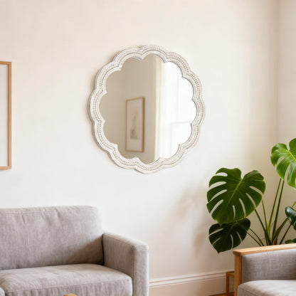 UPPER DECOR 30 Inch Round Wall Mirror, Whitewashed Wooden Frame with Scalloped Edge & Beaded Trim, Decorative Farmhouse Boho Mirror for Bedroom, Bathroom, Living Room, Entryway
