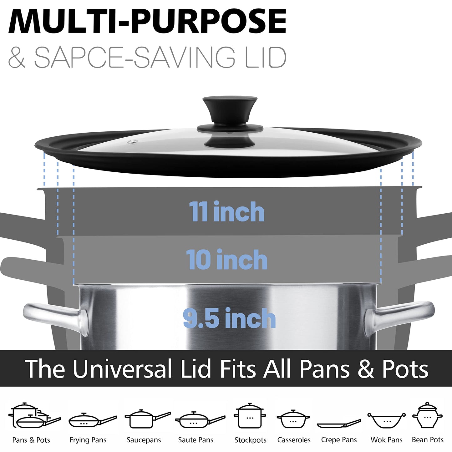 Anaeat Silicone Universal Lid for Pots, Pans and Skillets - Tempered Glass Covered with Heat Resistant Silicone Rim Fits 9.5", 10" and 11" Diameter Cookware -Easy to Use Replacement Frying Pan Cover