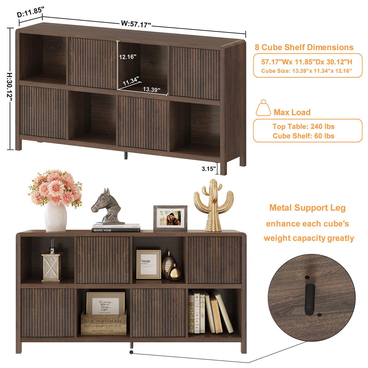 FATORRI 8 Cube Storage Organizer Bookshelf with Storage, Horizontal Bookcase with 4 Doors, Long Wooden Book Shelf for Living Room, Home Office (Dark Walnut)