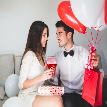 YQUQWN 50Pcs Valentine Paper Cups 9oz – 5 Heart Designs Disposable Valentine Cups Red Paper Party Drinkware for Coffee Juice Weddings Gatherings