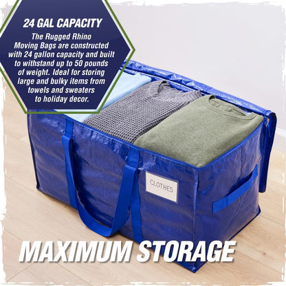 RUGGED RHINO Heavy Duty Extra Large Moving Bags - Durable Blue Storage Solution with Strong Handles & Zipper | 2 Pack