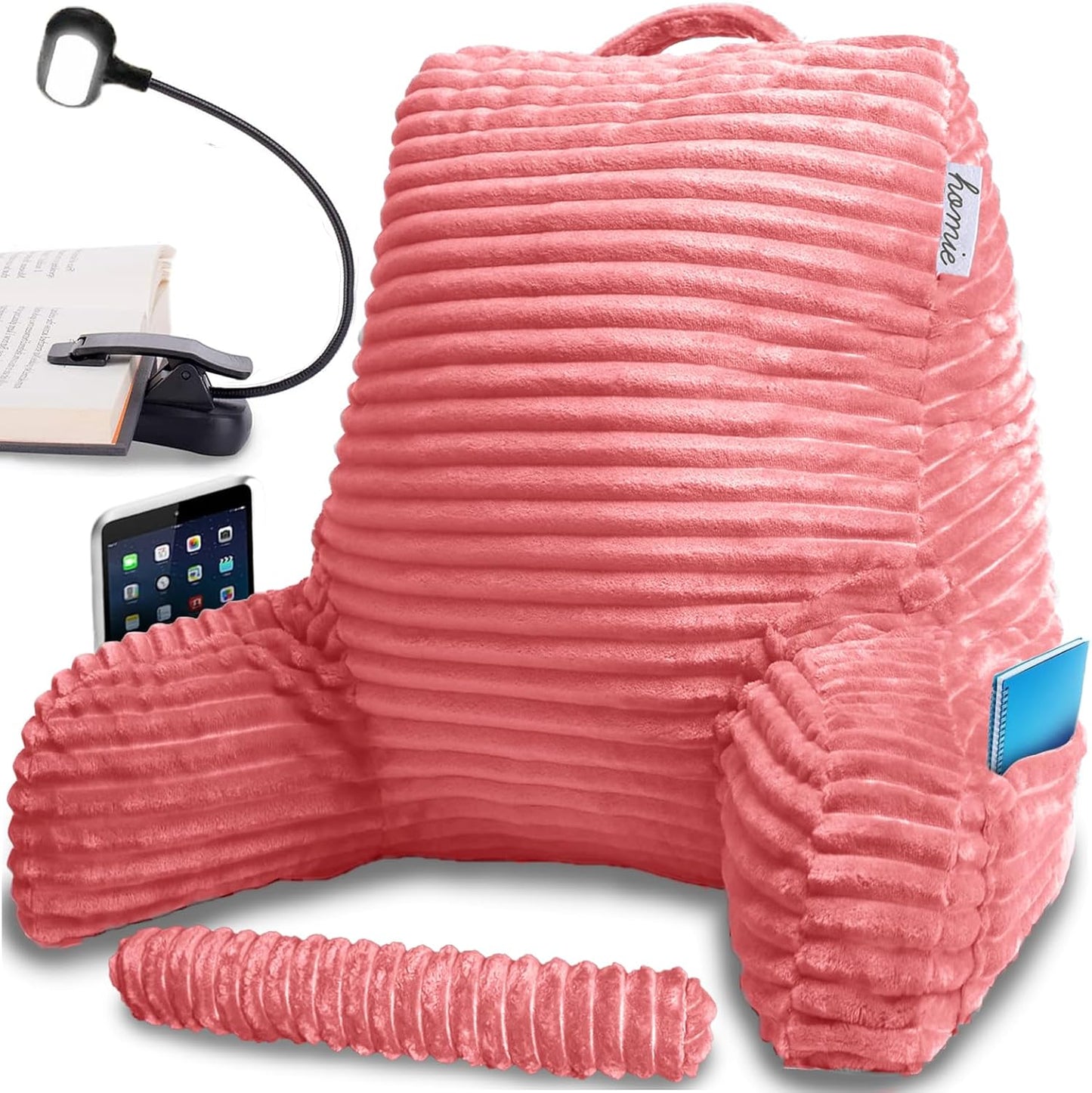 Homie Reading Pillow with Reading Light and Wrist Support, Has Arm Rests, and Back Support for Bed Rest, Lounging