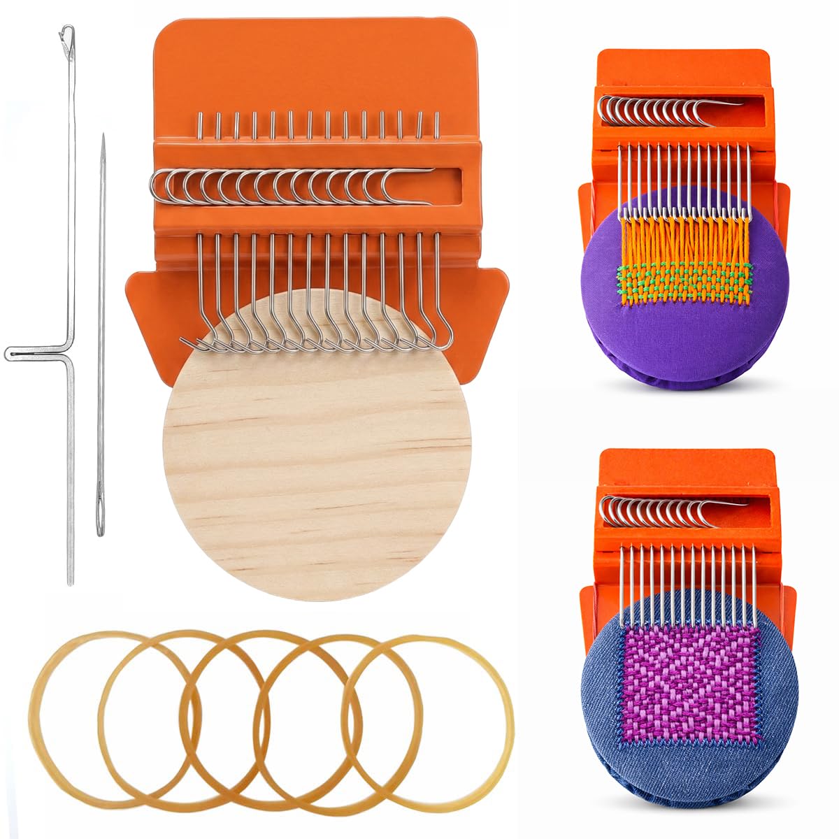 Rumexeng Small Weaving Loom, Speedweve Style Darning Loom, Wooden Mini Weave Tool for Visible Mending Jeans, Socks, Clothes and DIY Fabric Repair, Decorative Stitching Tool (14 Hooks,Orange)