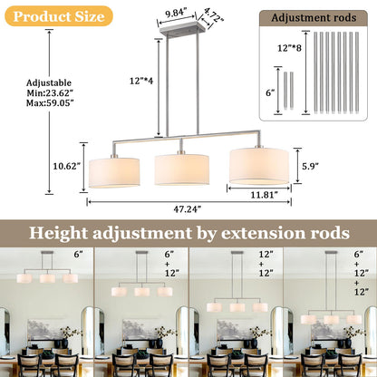 47" Linear Kitchen Island Lighting 3-Light Brushed Nickel Chandelier with White Fabric Drum Shade Adjustable Hanging Pendant Light for Dining Room Light Fixtures Over Table,Kitchen,Bar,Living Room,E26