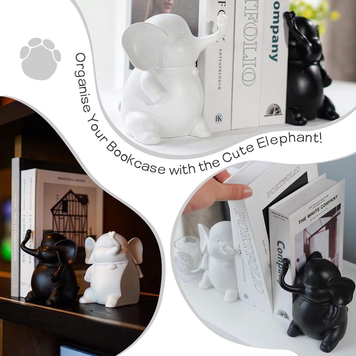 5" YU FENG Adorable Elephant Bookends in Black&White Resin Unique Cute Book Ends for Home Bedroom Desk Bookshelf