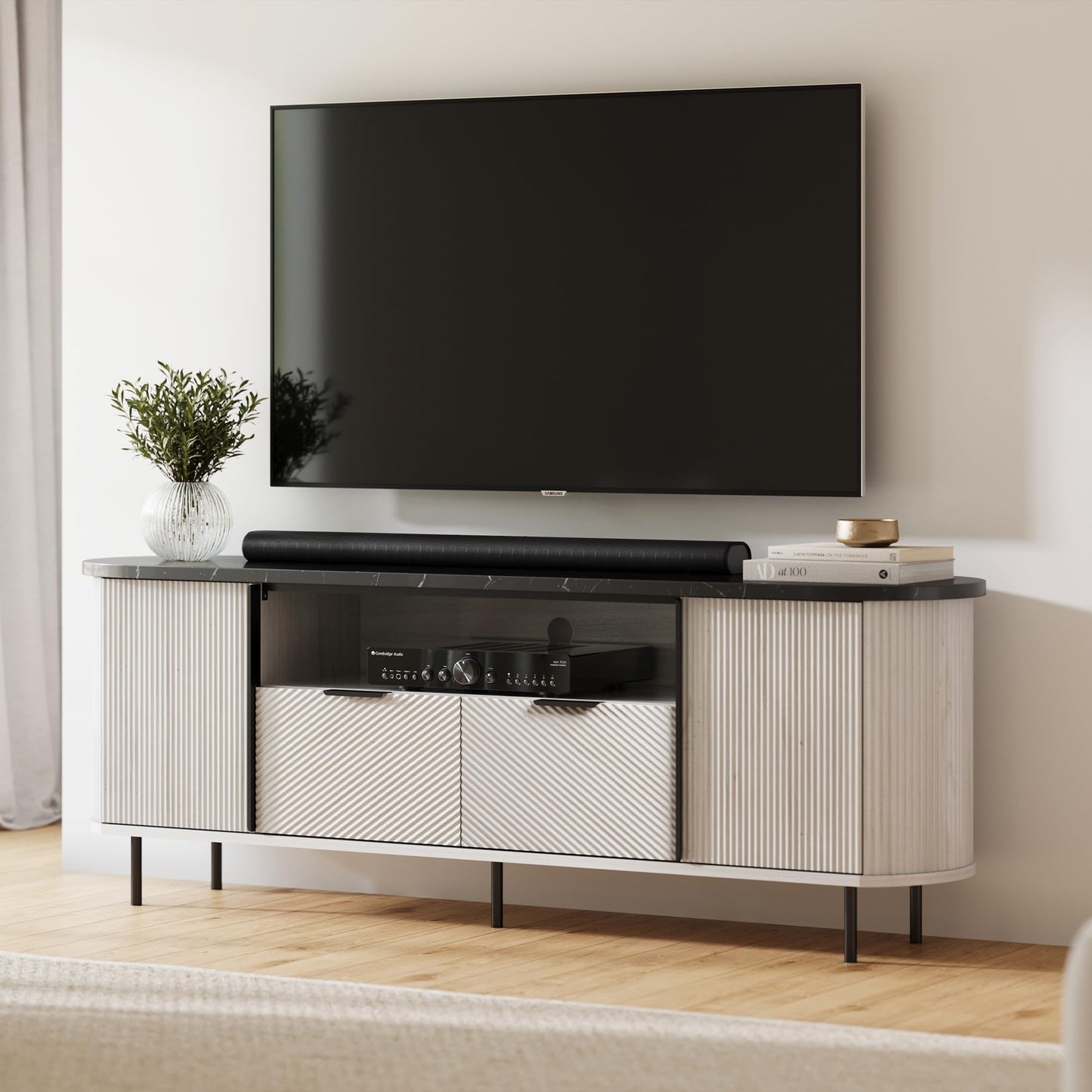 BELLEZE 68 inch Fluted TV Stand Modern Chic Faux Marble Top, Curved Profile Entertainment Center with Storage for TVs Up to 80 inch, Media Console Tv Cabinet for Living Room (White Sand)