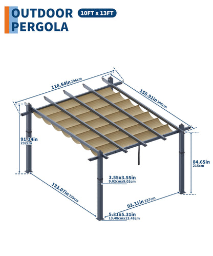 GarveeLife 10x13 ft Aluminum Pergola, Outdoor Metal Pergola with Adjustable Canopy, Reinforced Frame Outdoor Shelter for Backyard, Garden and Deck - Khaki