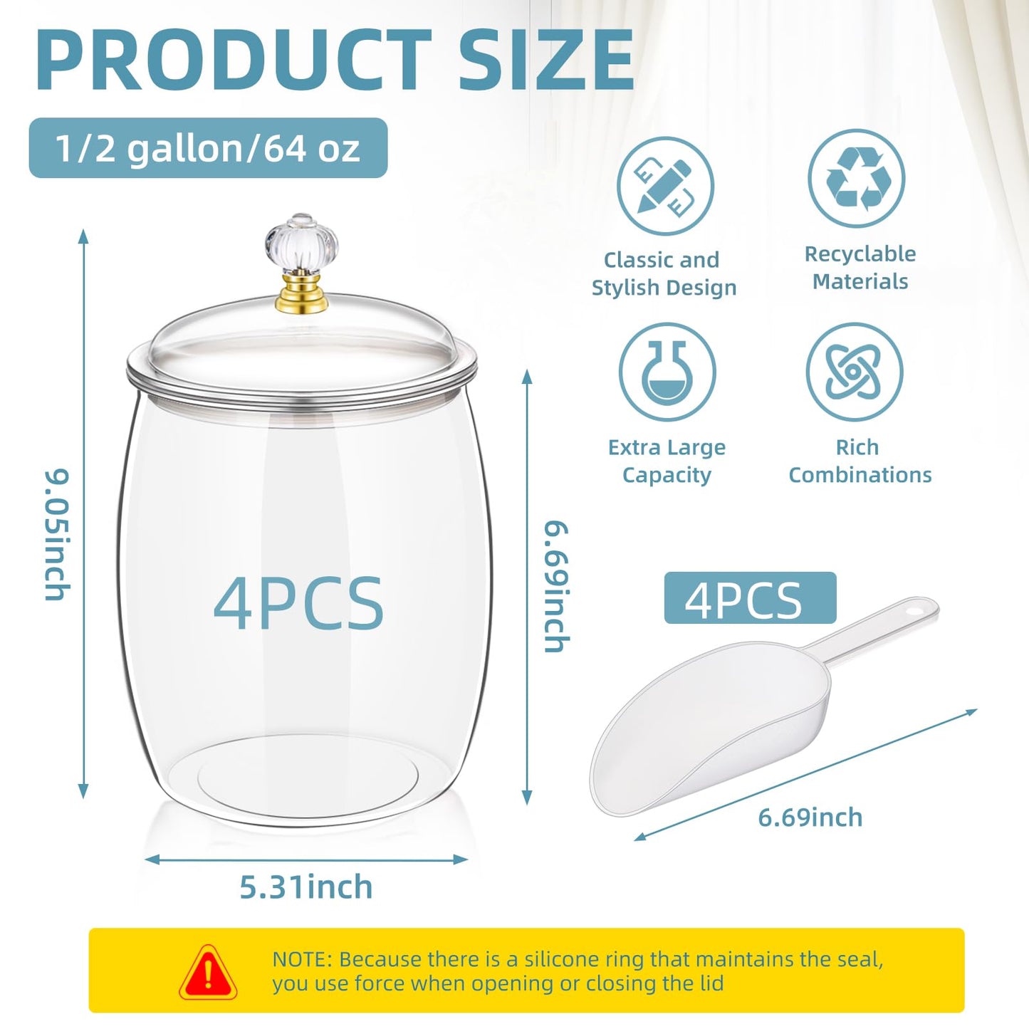 mwellewm 4 Pcs Candy Jars With Lids&Spoons 1/2 Gallon Clear Plastic Cookie Container Large Airtight Apothecary Storage Organization Hard Snack Buffet Canister for Wedding Home Kitchen Bar Decoration