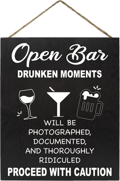 JennyGems Open Bar Hanging Wood Sign | Funny Wedding Reception Decor, Drunken Moments Will Be Photographed