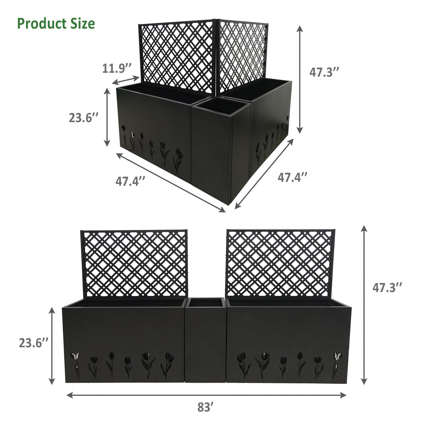 Sailret 3-Piece Metal Planter Box with Trellis, Raised Garden Bed Set with 2 Large & 1 Small Planters, Outdoor Privacy Planter for Patio Garden, Black