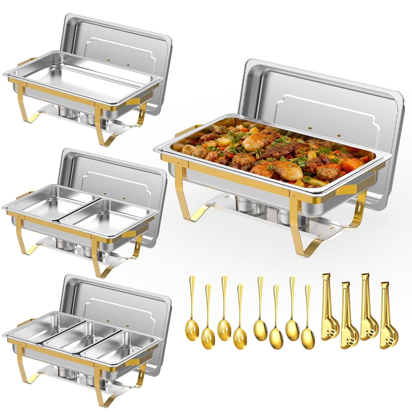 ZLMTZDJD 4 Pack 9 Qt Chafing Dishes Buffet Set - Gold Stainless Steel Food Warmers with 12 Serving Utensils (Tongs, Ladles, Spoons) for BBQ, Parties, Catering, Weddings, Events