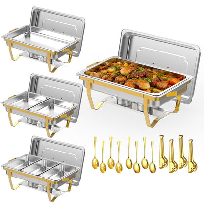 ZLMTZDJD 4 Pack 9 Qt Chafing Dishes Buffet Set - Gold Stainless Steel Food Warmers with 12 Serving Utensils (Tongs, Ladles, Spoons) for BBQ, Parties, Catering, Weddings, Events