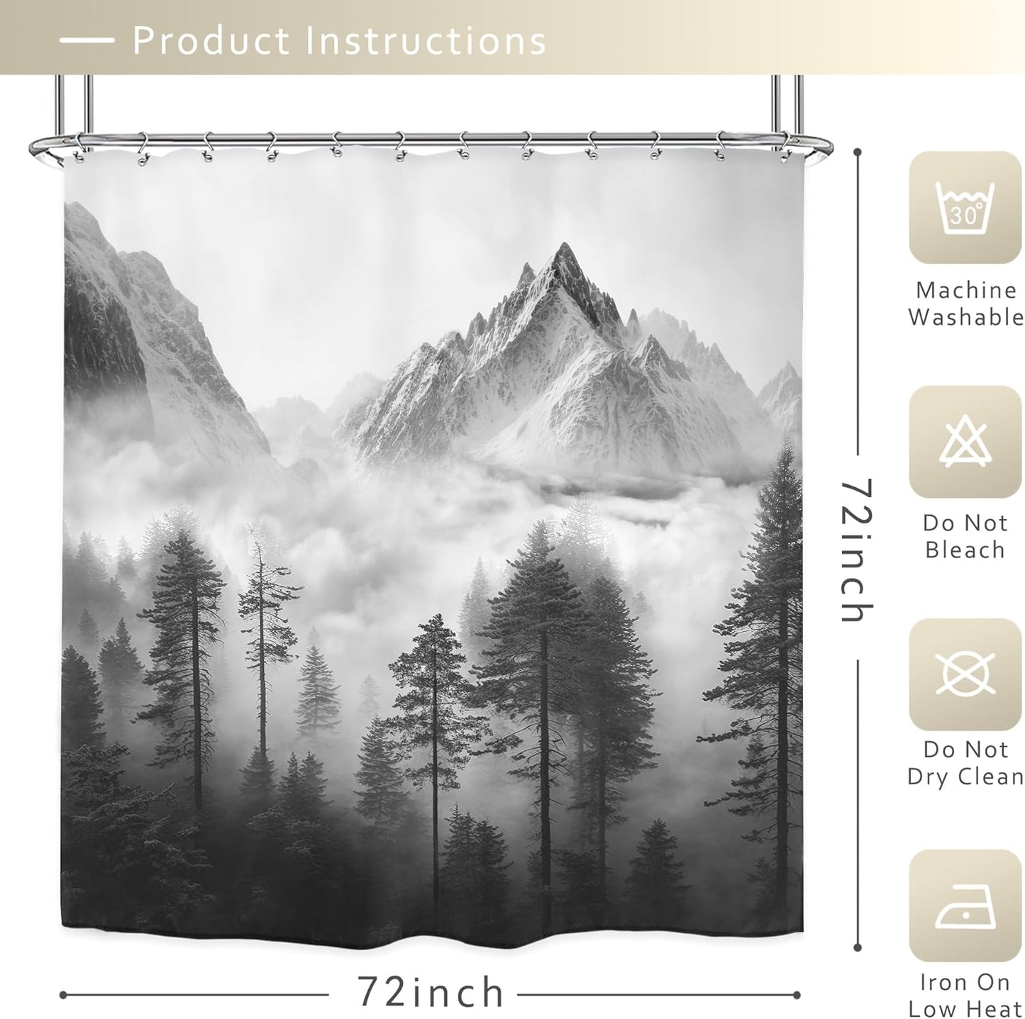 Riyidecor Misty Shower Curtain, 72" x 72" Foggy Snow Mountain Scenery for Bathroom Decor with 12 Pack Hooks