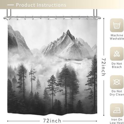 Riyidecor Misty Shower Curtain, 72" x 72" Foggy Snow Mountain Scenery for Bathroom Decor with 12 Pack Hooks