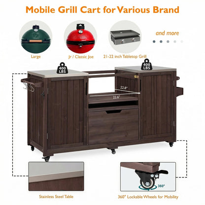 66.5" Fir Wood Grill Cart for Big Green Egg, Outdoor Kitchen Island with Stainless Steel Top, Bar Cart with Adjustable Shelf, Drawer, Hooks & Bottle Opener BBQ Cart for Patio Backyard Garden， Brown