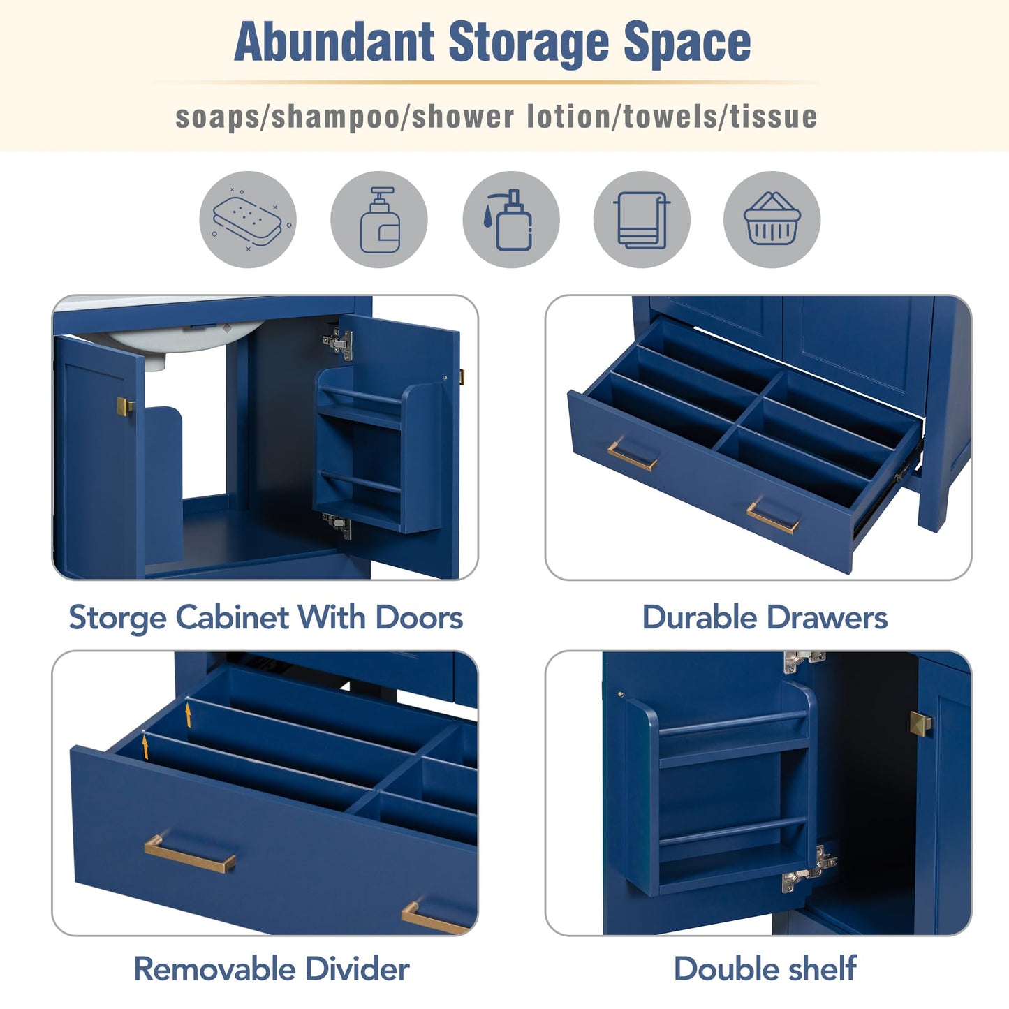 Favfurish 60" Double Bathroom Vanity with Ceramic Sink,Freestading Bathroom Storage Cabinet w/Shelf and Divided Drawers,Soft Close Doors,Separate 2 Bath Vanities Set,Mirror Not Included,Blue