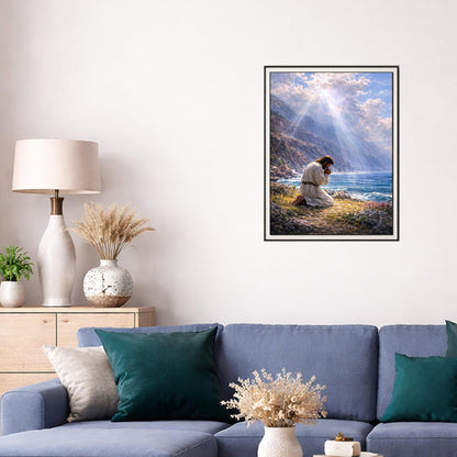 IOHEFY Jesus Prayer by The Sea 5D Diamond Painting Kits for Adults Beginners 12x16 Inch Full Drill Diamond Art Religious Christian Seascape Rhinestone Acrylic Canvas Wall Decor Gift Easter Christmas