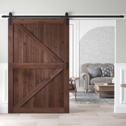 ROYMELO 54x84 inch Sliding Barn Wood Door Slab with 9ft Hardware Kit and Handle, Coffee, K Shape, Simple DIY Assembly